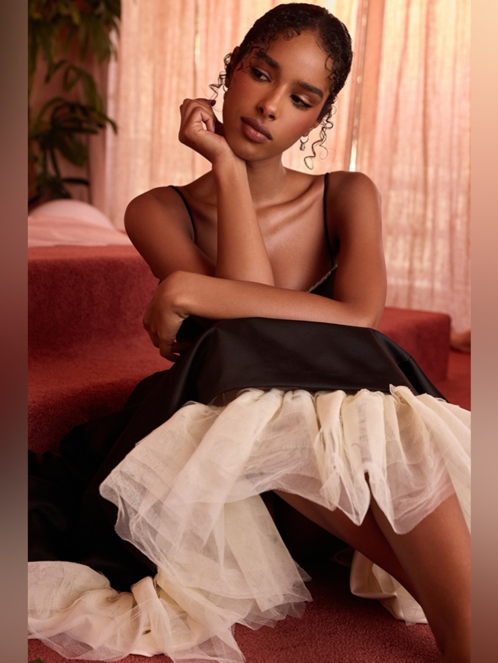 Function & Fringe | Elegant Black Satin Gown with Cream Tulle - Picture 5 of 10